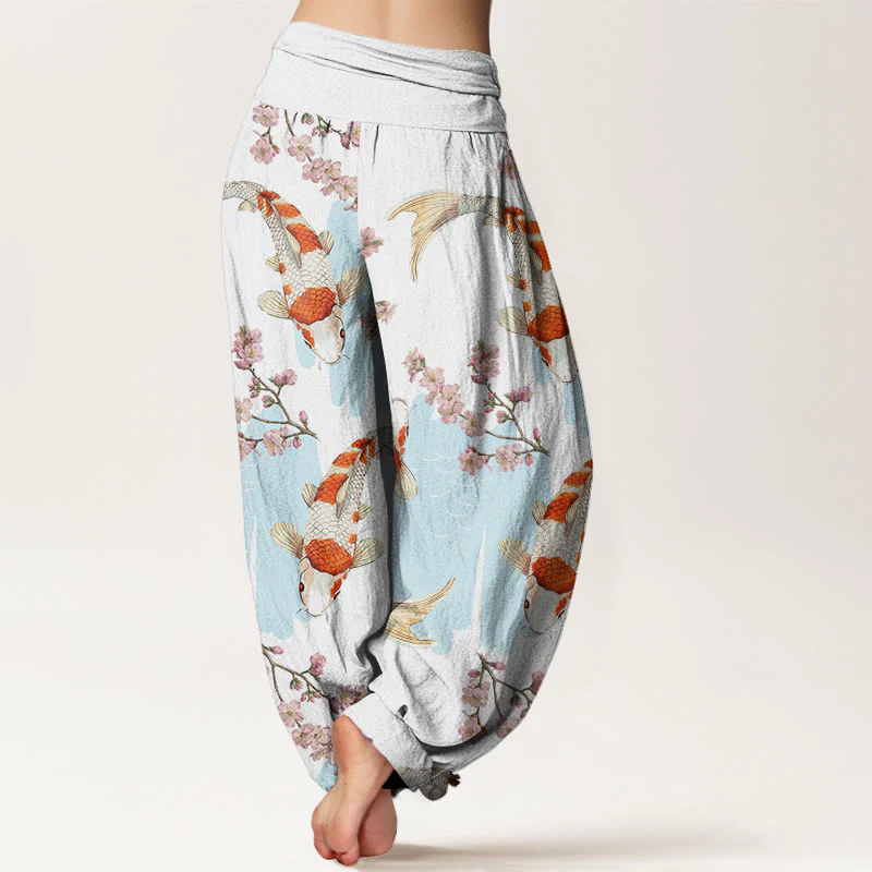 Pantaloni harem da donna con elastico in vita, in cotone, casual, motivo con pesci koi e fiori di ciliegio, motivo Buddha Stones - Image 3