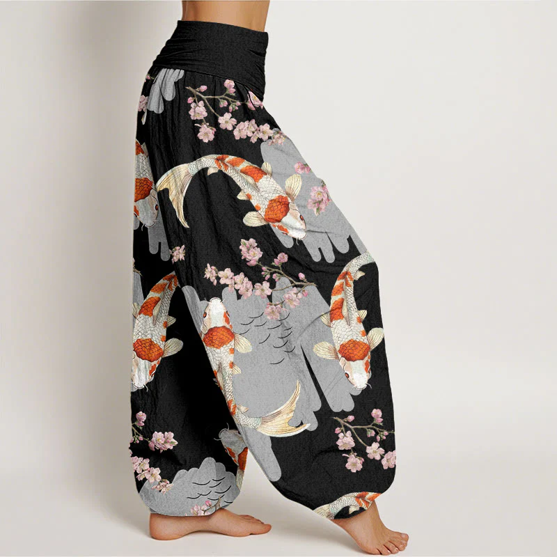 Pantaloni harem da donna con elastico in vita, in cotone, casual, motivo con pesci koi e fiori di ciliegio, motivo Buddha Stones - Image 6