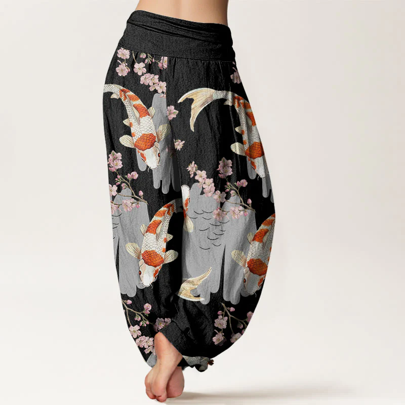 Pantaloni harem da donna con elastico in vita, in cotone, casual, motivo con pesci koi e fiori di ciliegio, motivo Buddha Stones - Image 7