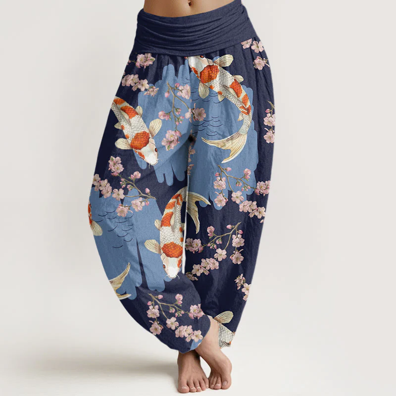 Pantaloni harem da donna con elastico in vita, in cotone, casual, motivo con pesci koi e fiori di ciliegio, motivo Buddha Stones - Image 8