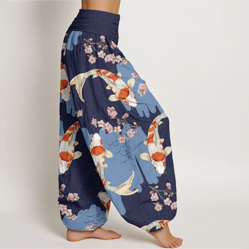 Pantaloni harem da donna con elastico in vita, in cotone, casual, motivo con pesci koi e fiori di ciliegio, motivo Buddha Stones - Image 9