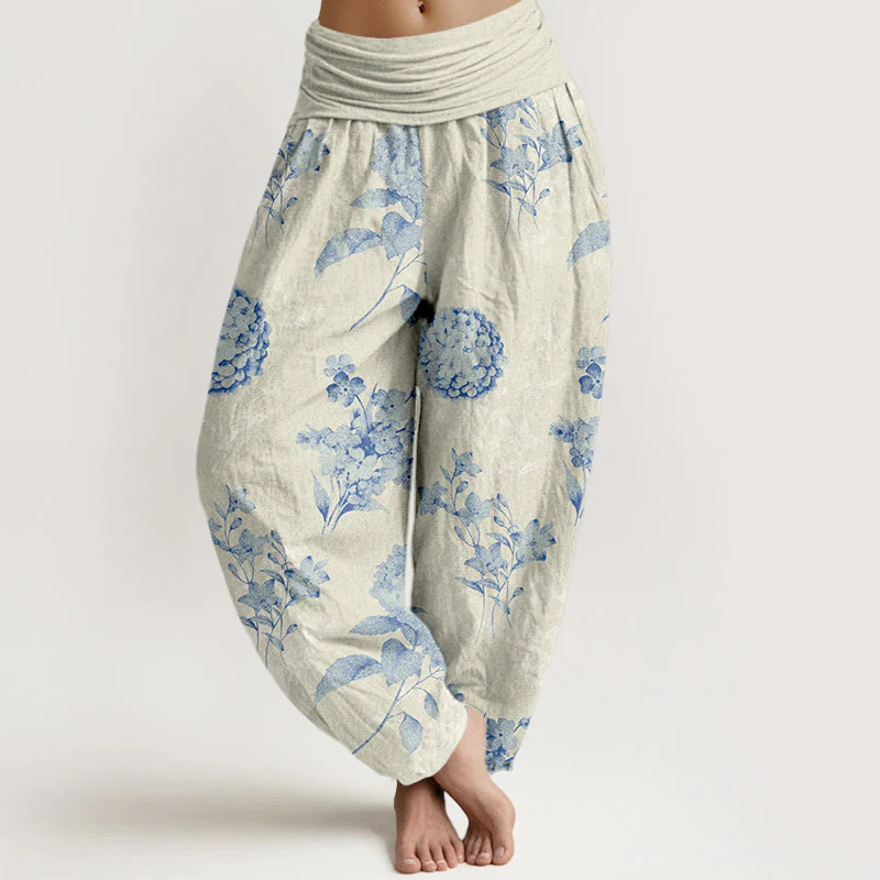 Pantaloni harem da donna con elastico in vita e motivo a fiori di ortensia e Buddha Stones in cotone rinfrescante