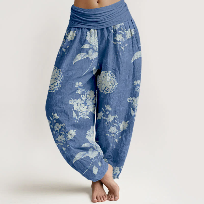 Pantaloni harem da donna con elastico in vita e motivo a fiori di ortensia e Buddha Stones in cotone rinfrescante - Image 6