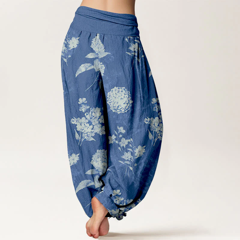 Pantaloni harem da donna con elastico in vita e motivo a fiori di ortensia e Buddha Stones in cotone rinfrescante - Image 7