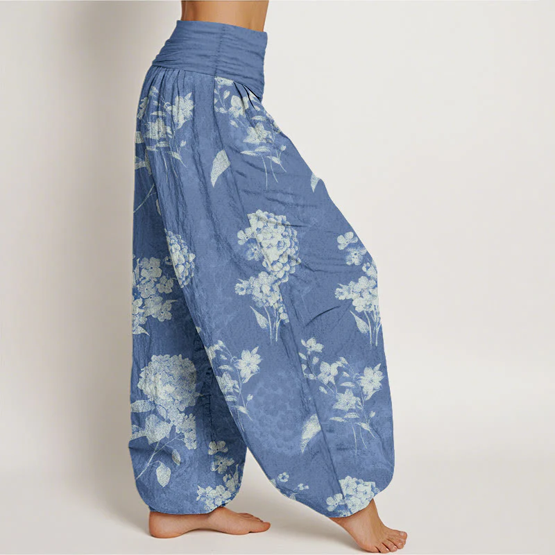 Pantaloni harem da donna con elastico in vita e motivo a fiori di ortensia e Buddha Stones in cotone rinfrescante - Image 8
