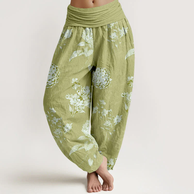 Pantaloni harem da donna con elastico in vita e motivo a fiori di ortensia e Buddha Stones in cotone rinfrescante - Image 9