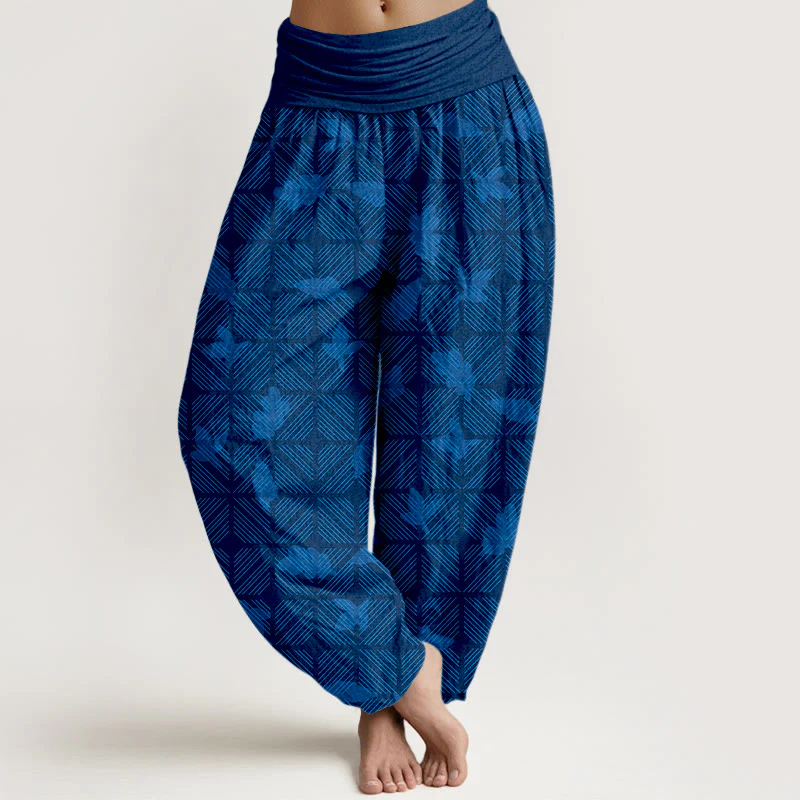 Pantaloni harem da donna con elastico in vita e motivo a foglie a scacchi in cotone con Buddha Stones