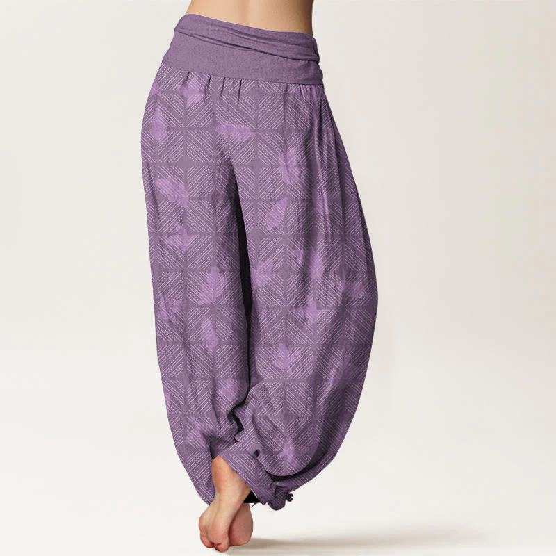 Pantaloni harem da donna con elastico in vita e motivo a foglie a scacchi in cotone con Buddha Stones - Image 10