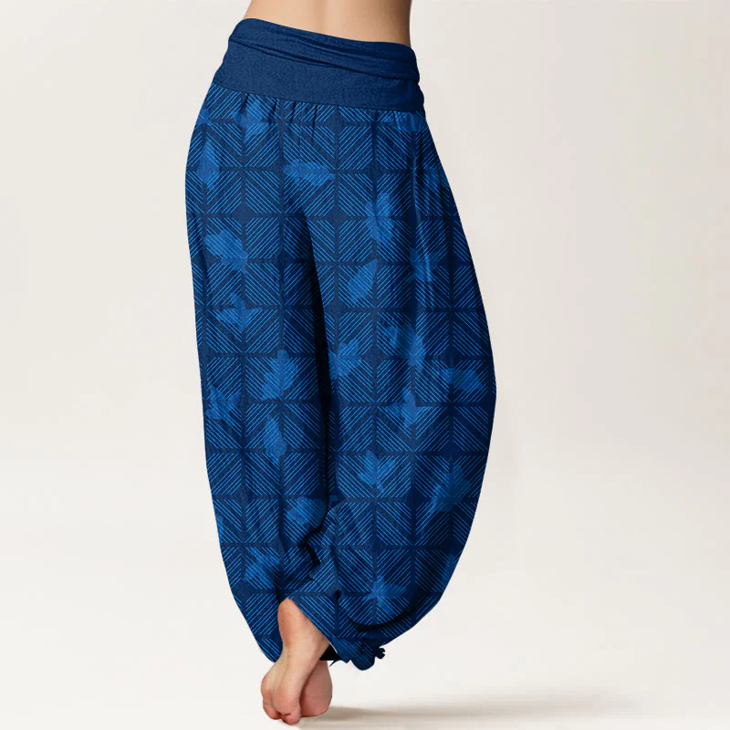 Pantaloni harem da donna con elastico in vita e motivo a foglie a scacchi in cotone con Buddha Stones - Image 2