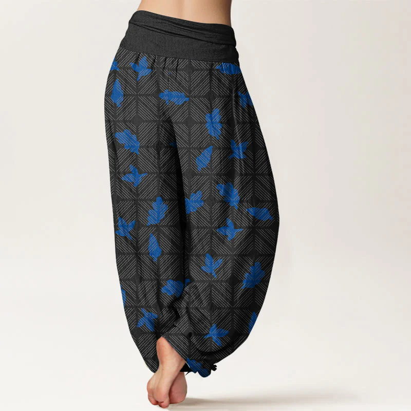Pantaloni harem da donna con elastico in vita e motivo a foglie a scacchi in cotone con Buddha Stones - Image 7