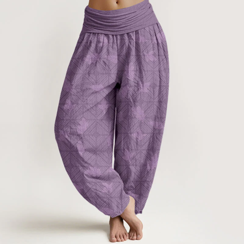 Pantaloni harem da donna con elastico in vita e motivo a foglie a scacchi in cotone con Buddha Stones - Image 9