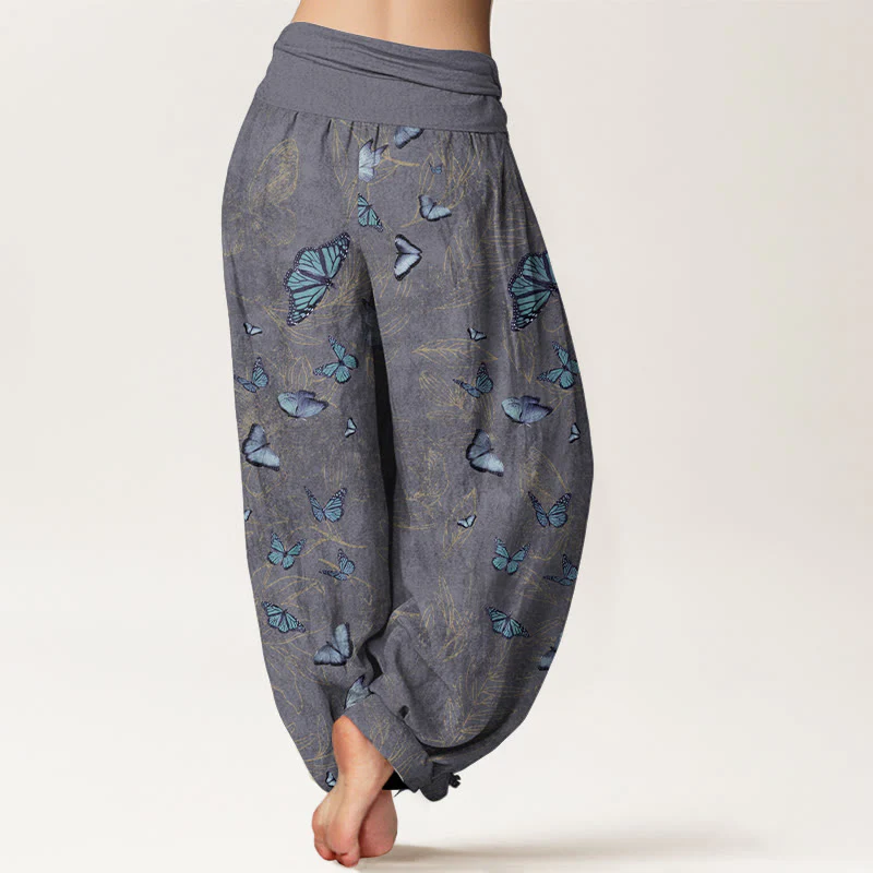 Pantaloni harem da donna con elastico in vita e motivo a foglie e farfalle in cotone Buddha Stones - Image 10