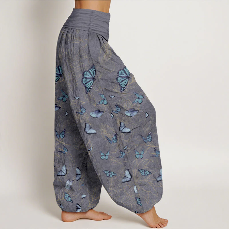 Pantaloni harem da donna con elastico in vita e motivo a foglie e farfalle in cotone Buddha Stones - Image 11