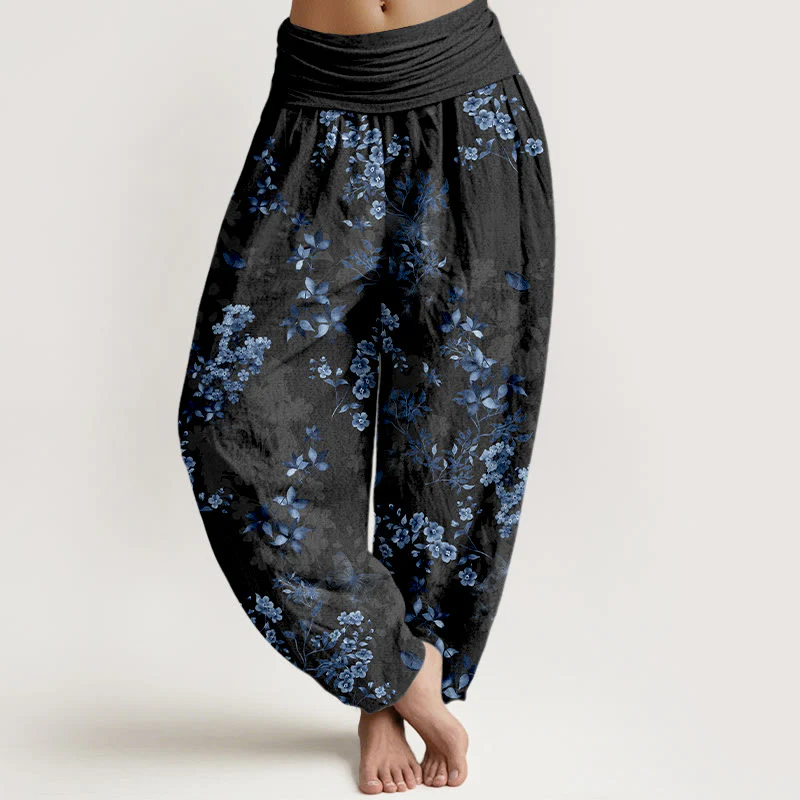 Pantaloni harem da donna con elastico in vita e motivo a foglie e fiori in cotone con Buddha Stones