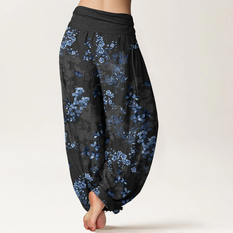 Pantaloni harem da donna con elastico in vita e motivo a foglie e fiori in cotone con Buddha Stones - Image 2