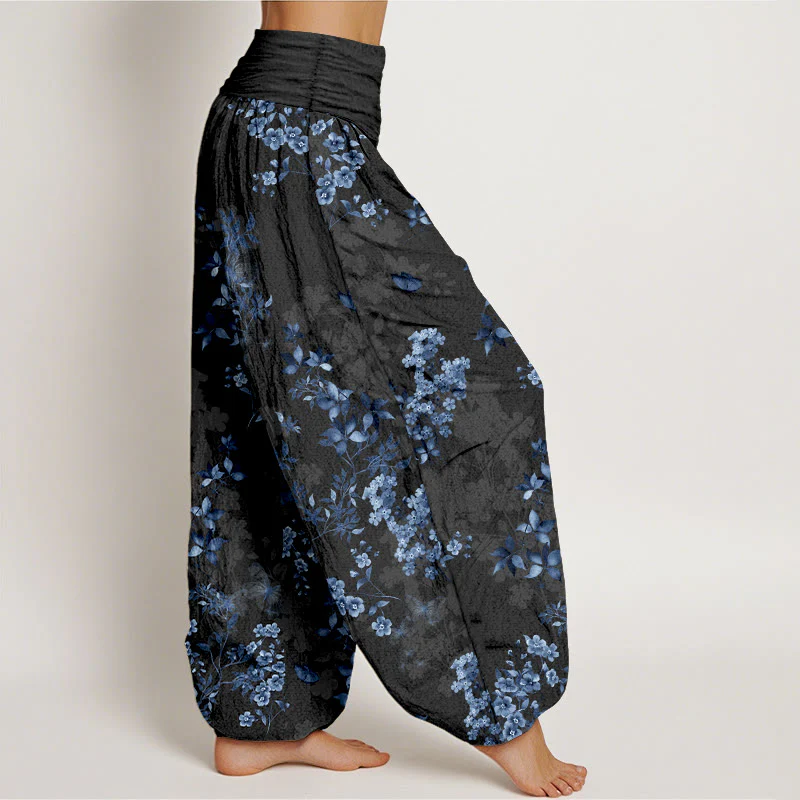 Pantaloni harem da donna con elastico in vita e motivo a foglie e fiori in cotone con Buddha Stones - Image 3