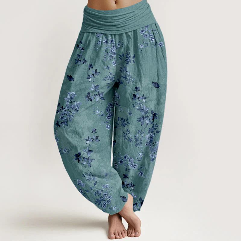 Pantaloni harem da donna con elastico in vita e motivo a foglie e fiori in cotone con Buddha Stones - Image 6