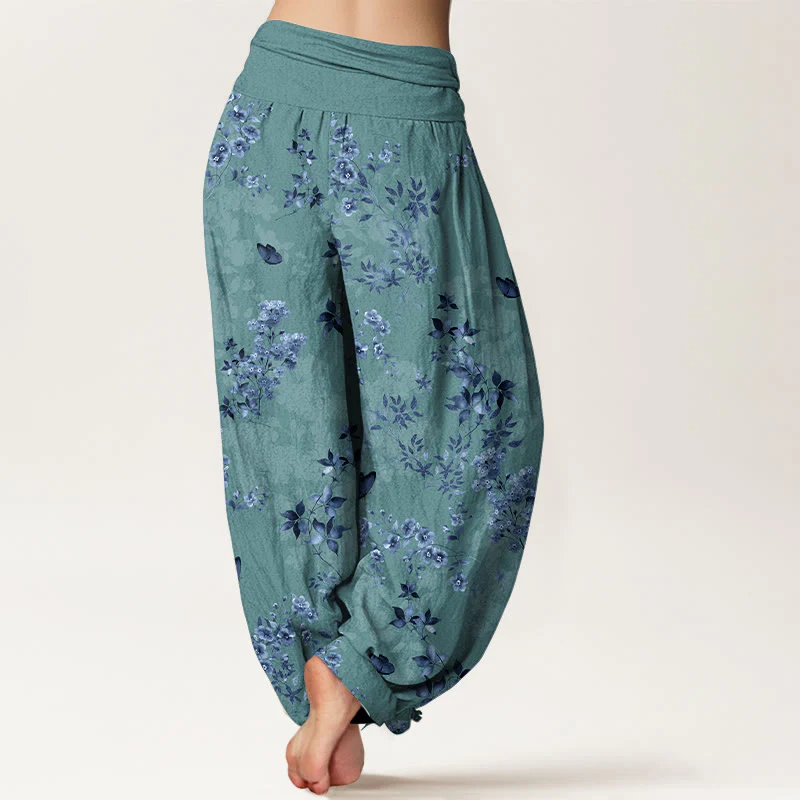 Pantaloni harem da donna con elastico in vita e motivo a foglie e fiori in cotone con Buddha Stones - Image 7