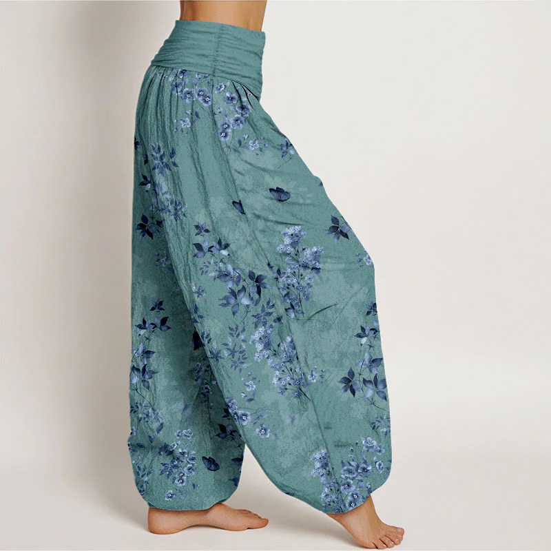 Pantaloni harem da donna con elastico in vita e motivo a foglie e fiori in cotone con Buddha Stones - Image 8
