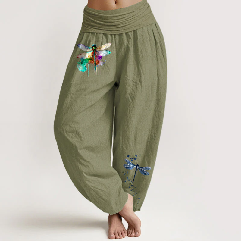 Pantaloni harem da donna con elastico in vita e motivo a libellula in puro cotone Buddha Stones - Image 15