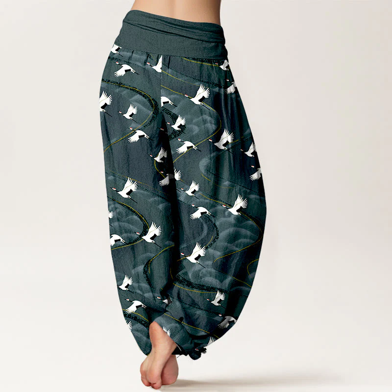 Pantaloni harem da donna con elastico in vita e motivo a linee sinuose in cotone con motivo a gru eleganti Buddha Stones - Image 2