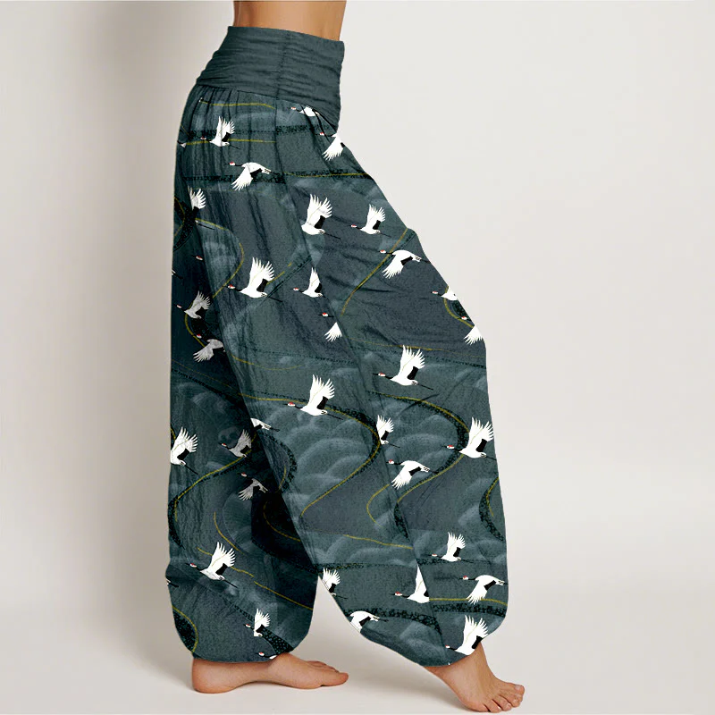 Pantaloni harem da donna con elastico in vita e motivo a linee sinuose in cotone con motivo a gru eleganti Buddha Stones - Image 3