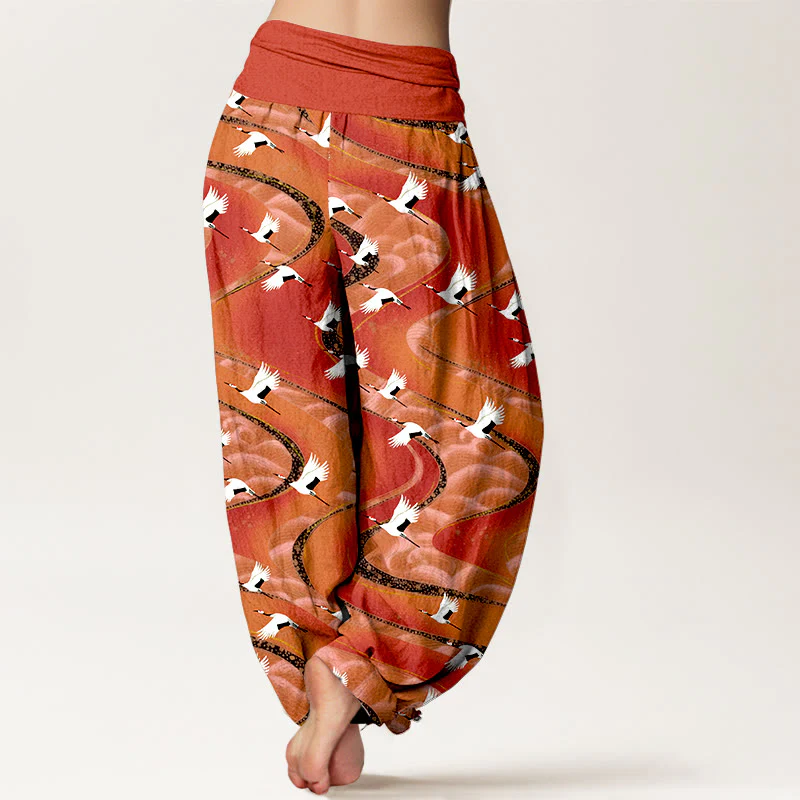 Pantaloni harem da donna con elastico in vita e motivo a linee sinuose in cotone con motivo a gru eleganti Buddha Stones - Image 7