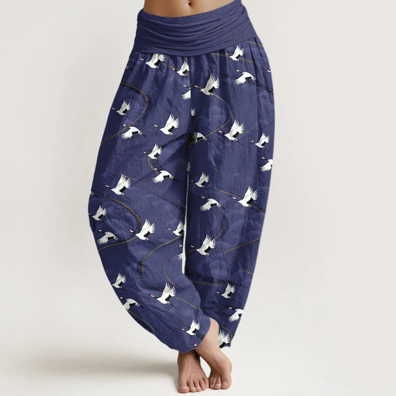 Pantaloni harem da donna con elastico in vita e motivo a linee sinuose in cotone con motivo a gru eleganti Buddha Stones - Image 9