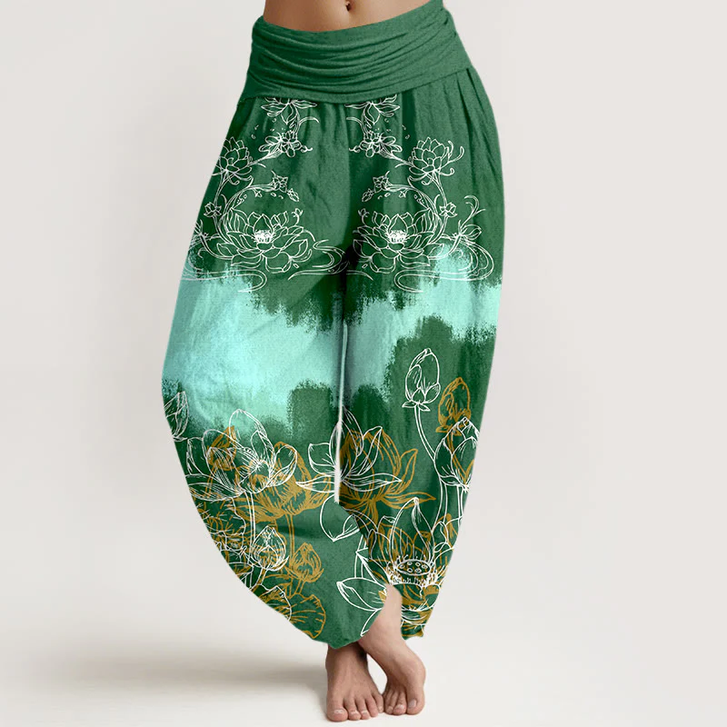 Pantaloni harem da donna con elastico in vita e motivo a loto colorato in cotone con Buddha Stones