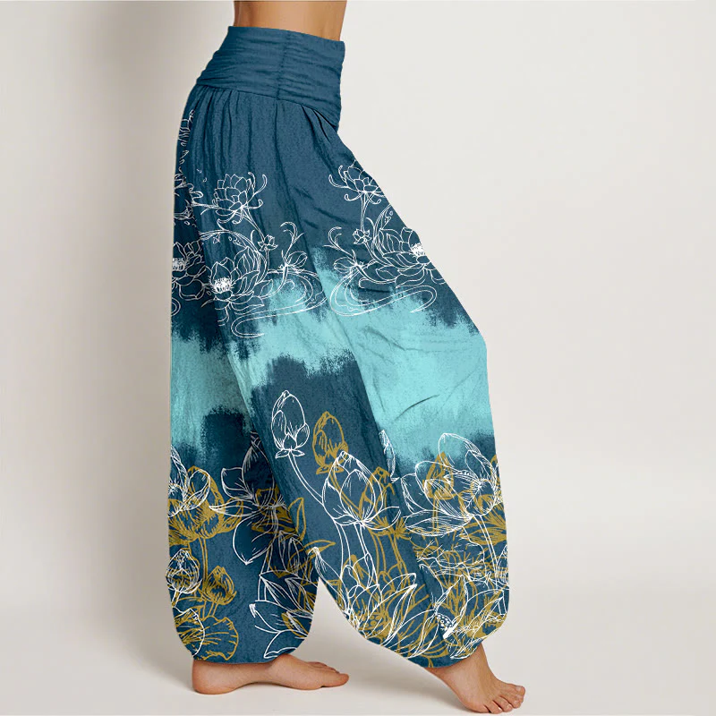 Pantaloni harem da donna con elastico in vita e motivo a loto colorato in cotone con Buddha Stones - Image 11