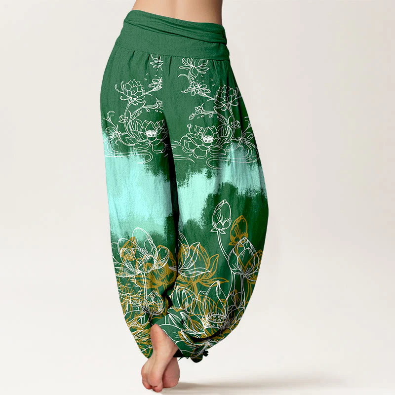 Pantaloni harem da donna con elastico in vita e motivo a loto colorato in cotone con Buddha Stones - Image 2