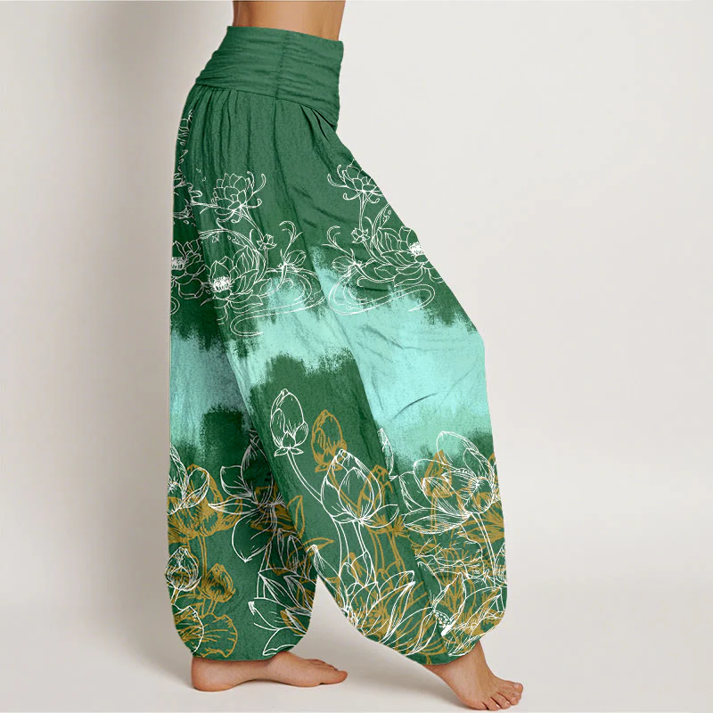 Pantaloni harem da donna con elastico in vita e motivo a loto colorato in cotone con Buddha Stones - Image 3