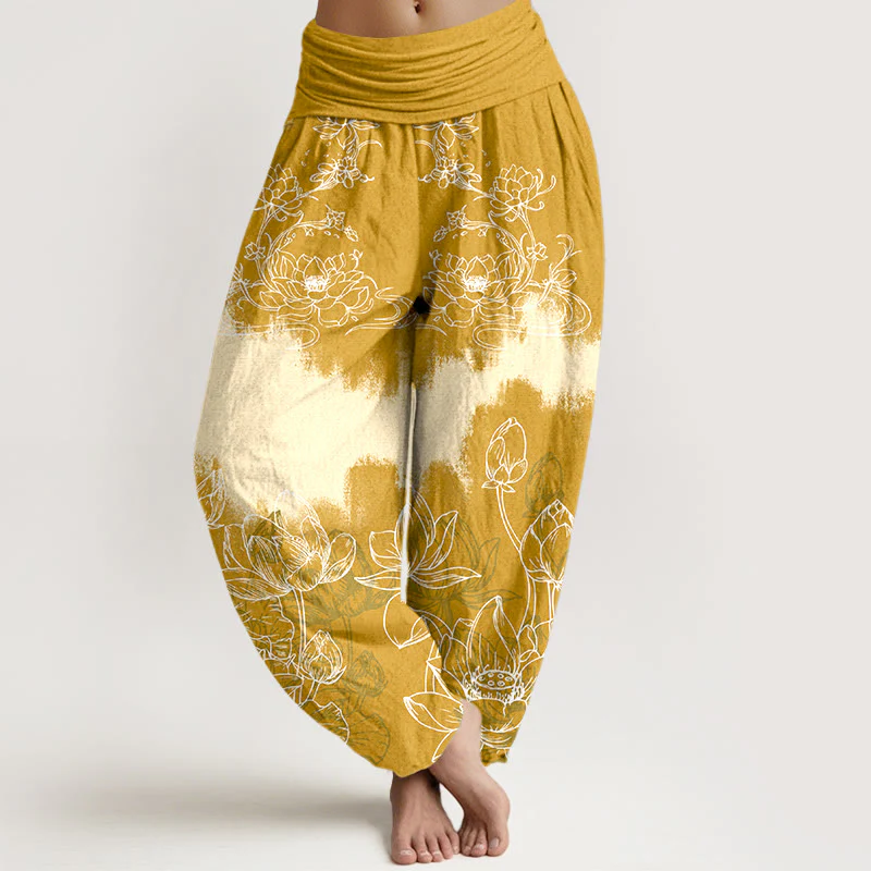Pantaloni harem da donna con elastico in vita e motivo a loto colorato in cotone con Buddha Stones - Image 6