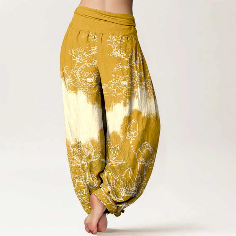Pantaloni harem da donna con elastico in vita e motivo a loto colorato in cotone con Buddha Stones - Image 7