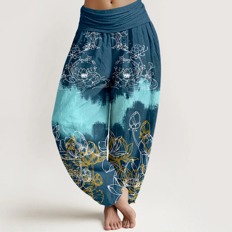 Pantaloni harem da donna con elastico in vita e motivo a loto colorato in cotone con Buddha Stones - Image 9