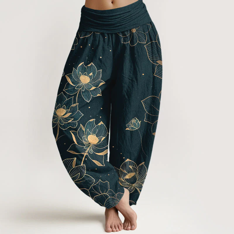 Pantaloni harem da donna con elastico in vita e motivo a loto in puro cotone Buddha Stones