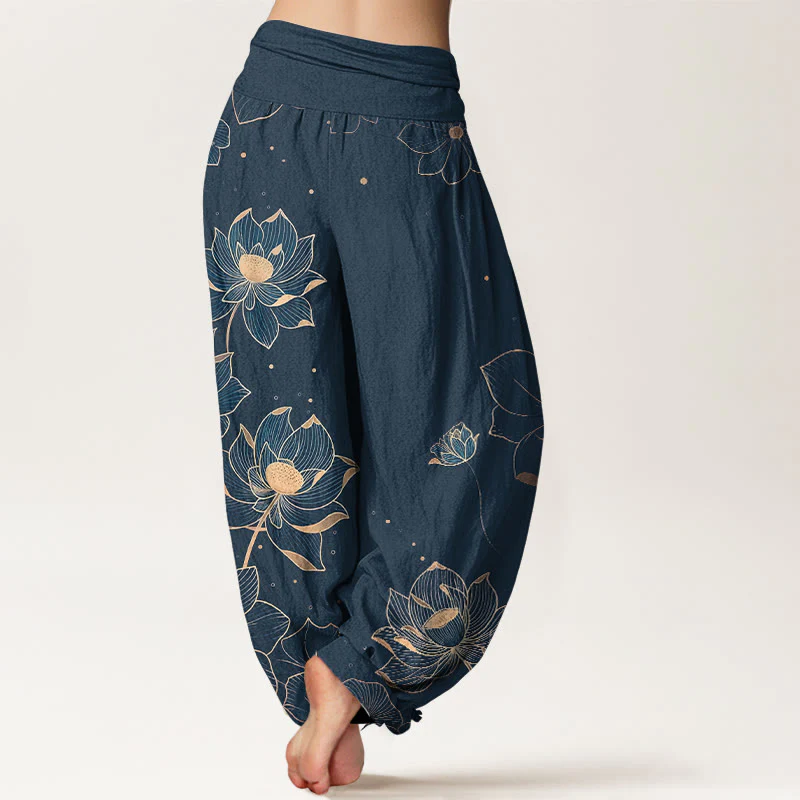 Pantaloni harem da donna con elastico in vita e motivo a loto in puro cotone Buddha Stones - Image 10
