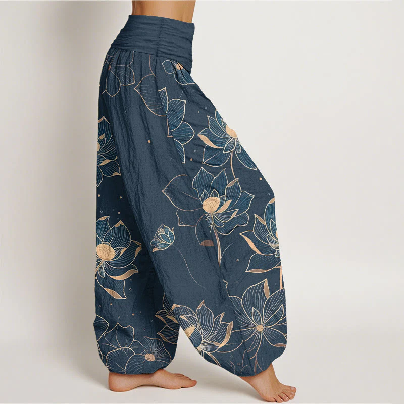 Pantaloni harem da donna con elastico in vita e motivo a loto in puro cotone Buddha Stones - Image 11