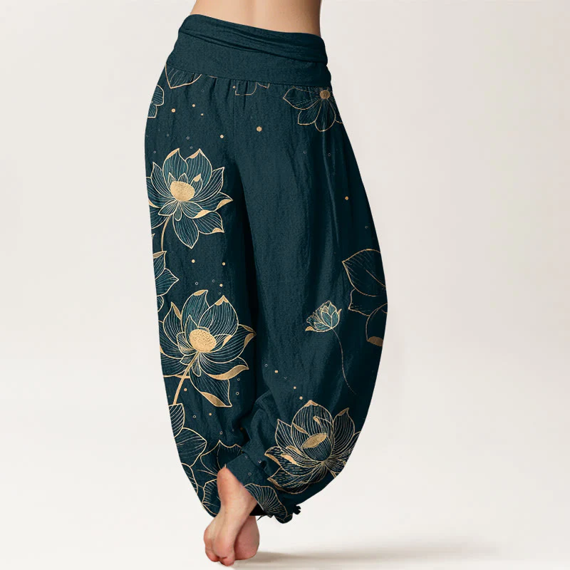 Pantaloni harem da donna con elastico in vita e motivo a loto in puro cotone Buddha Stones - Image 2