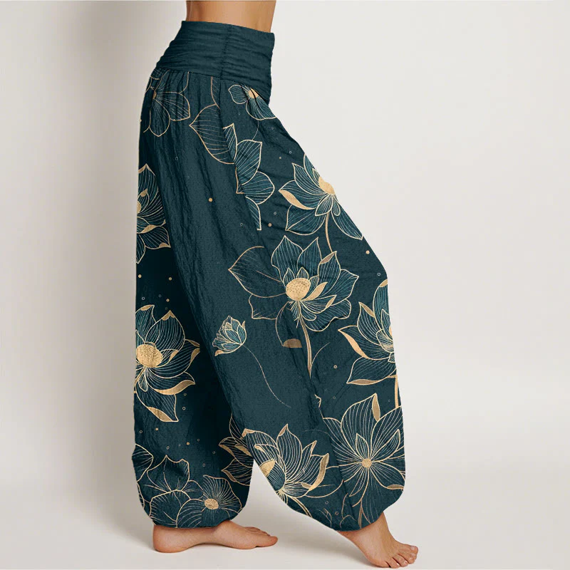 Pantaloni harem da donna con elastico in vita e motivo a loto in puro cotone Buddha Stones - Image 3