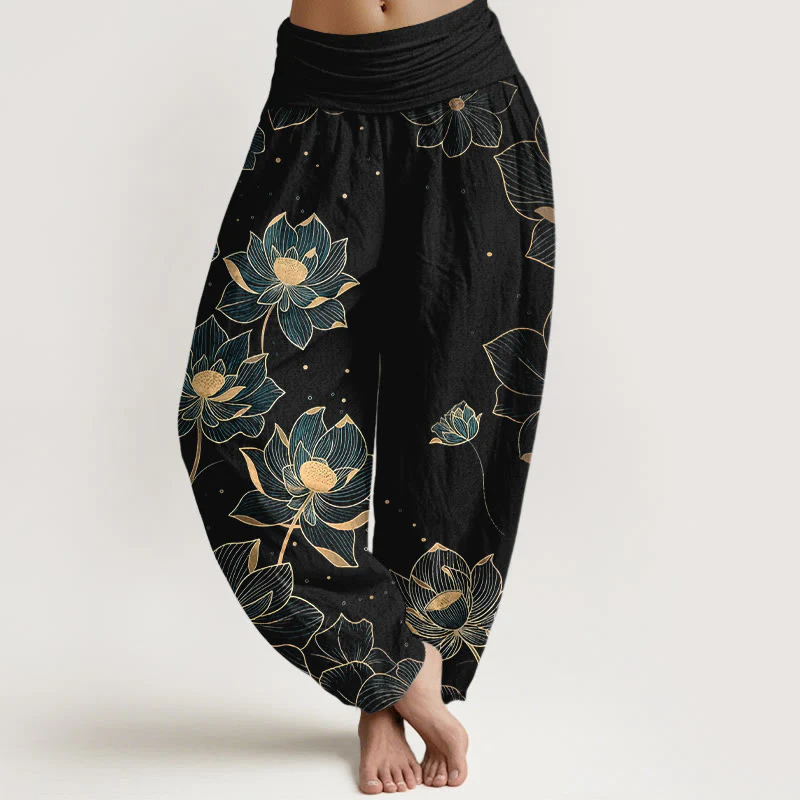 Pantaloni harem da donna con elastico in vita e motivo a loto in puro cotone Buddha Stones - Image 6