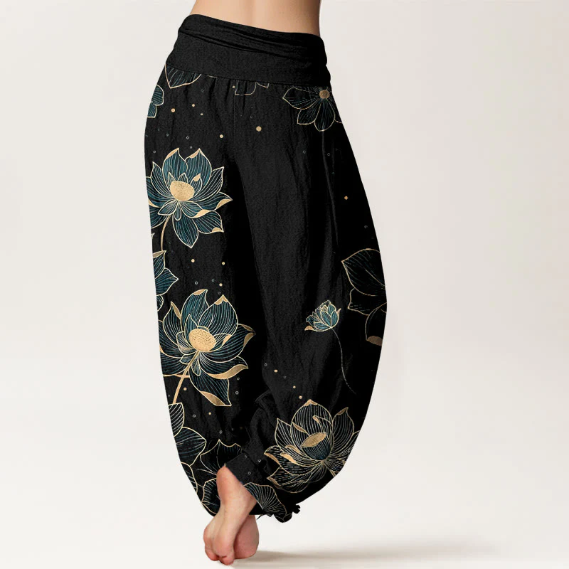 Pantaloni harem da donna con elastico in vita e motivo a loto in puro cotone Buddha Stones - Image 7