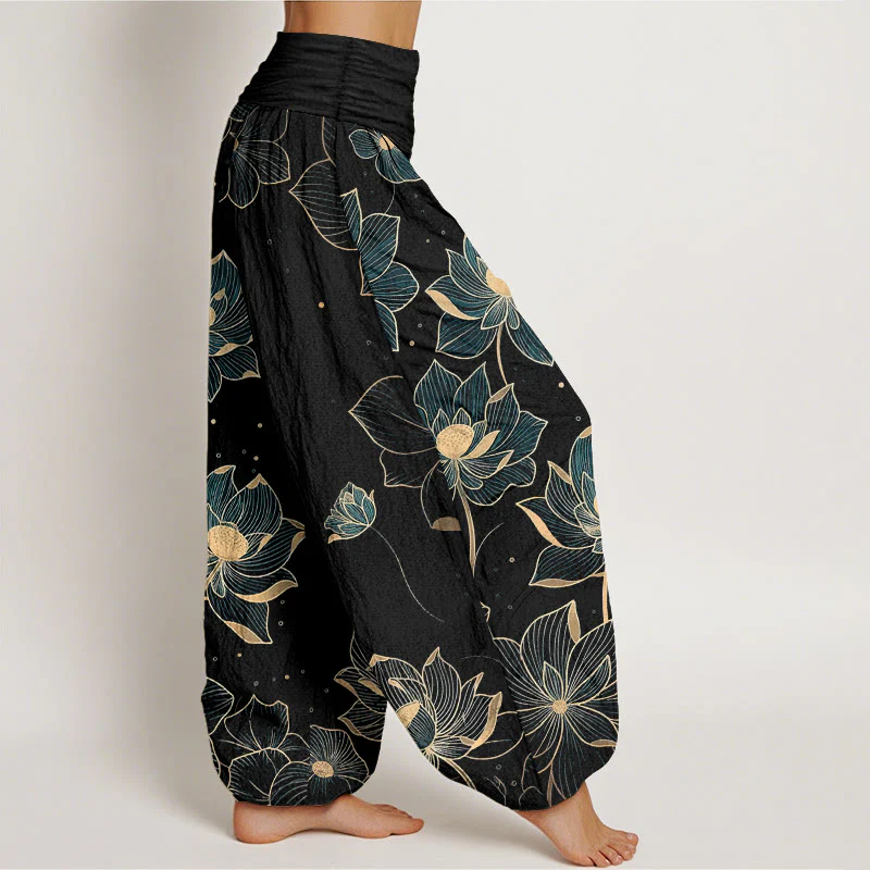 Pantaloni harem da donna con elastico in vita e motivo a loto in puro cotone Buddha Stones - Image 8