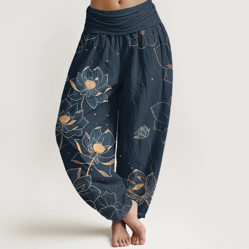 Pantaloni harem da donna con elastico in vita e motivo a loto in puro cotone Buddha Stones - Image 9