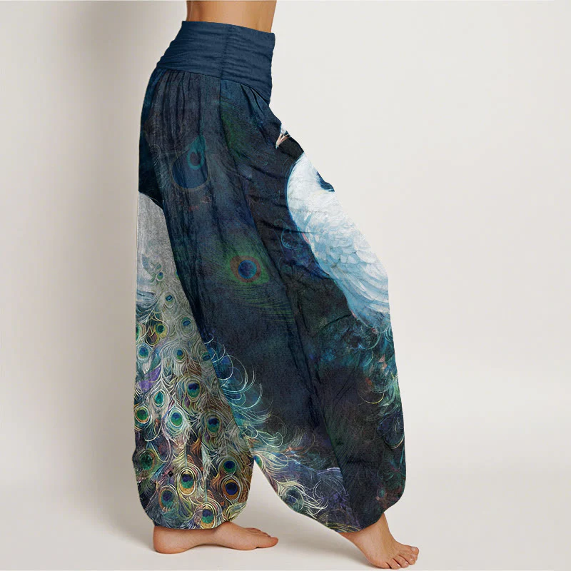 Pantaloni harem da donna con elastico in vita e motivo a pavone in puro cotone Buddha Stones - Image 3