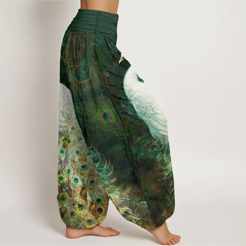 Pantaloni harem da donna con elastico in vita e motivo a pavone in puro cotone Buddha Stones - Image 8