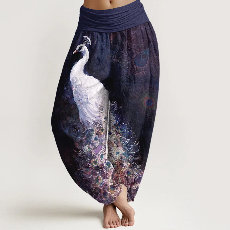 Pantaloni harem da donna con elastico in vita e motivo a pavone in puro cotone Buddha Stones - Image 9