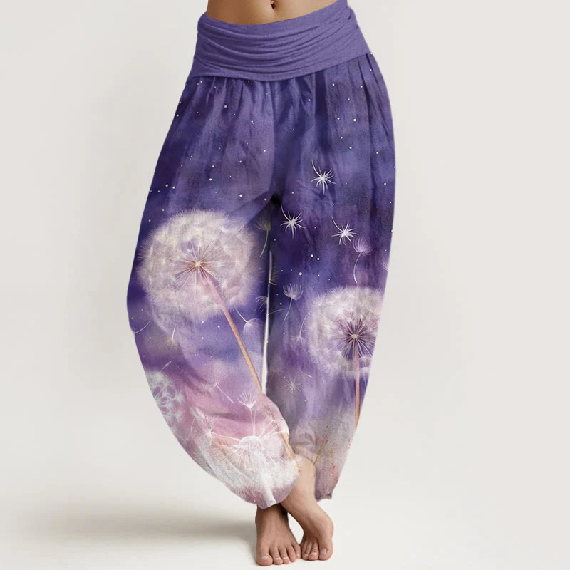 Pantaloni harem da donna con elastico in vita, in cotone, casual, con motivo a tarassaco, motivo Buddha Stones