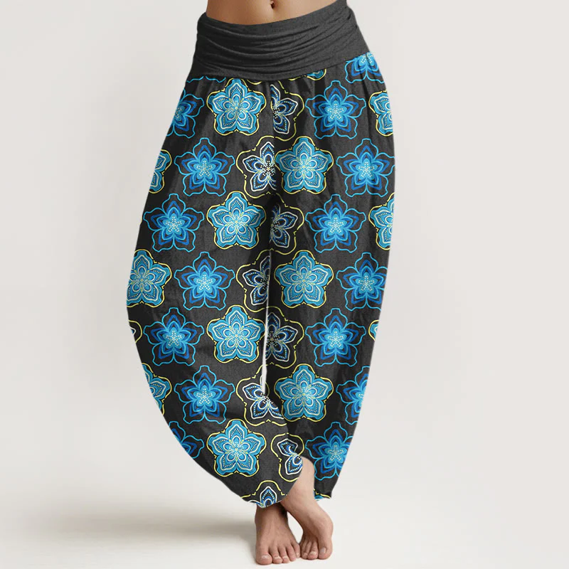 Pantaloni harem da donna con elastico in vita e motivo floreale a cinque petali in cotone con motivo Buddha Stones - Image 6