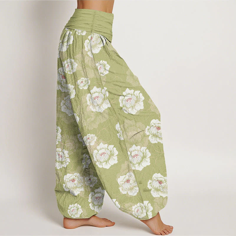 Pantaloni harem da donna con elastico in vita e motivo floreale bianco ed elegante in cotone Buddha Stones - Image 11